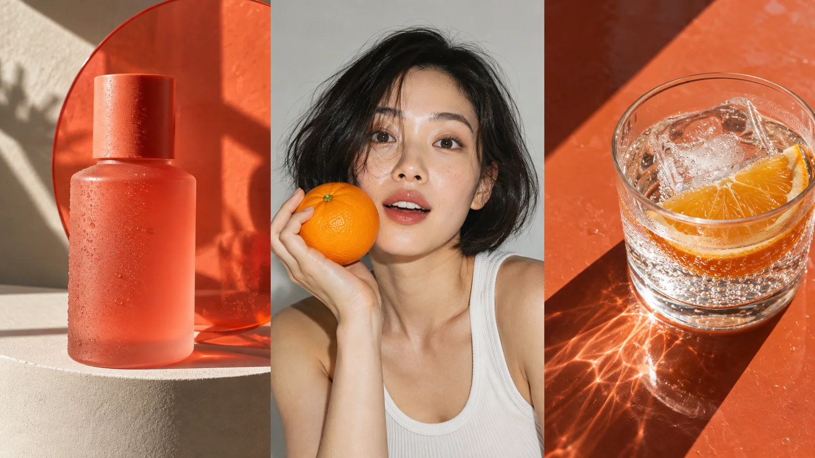 코랄색 스킨케어 제품, 오렌지를 든 가상 인물, 탄산 음료를 하나의 컬러로 연결한 브랜드 콘셉트